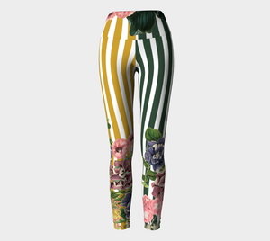 High-waisted compression leggings with yellow and green stripes and gorgeous vintage botanicals.
