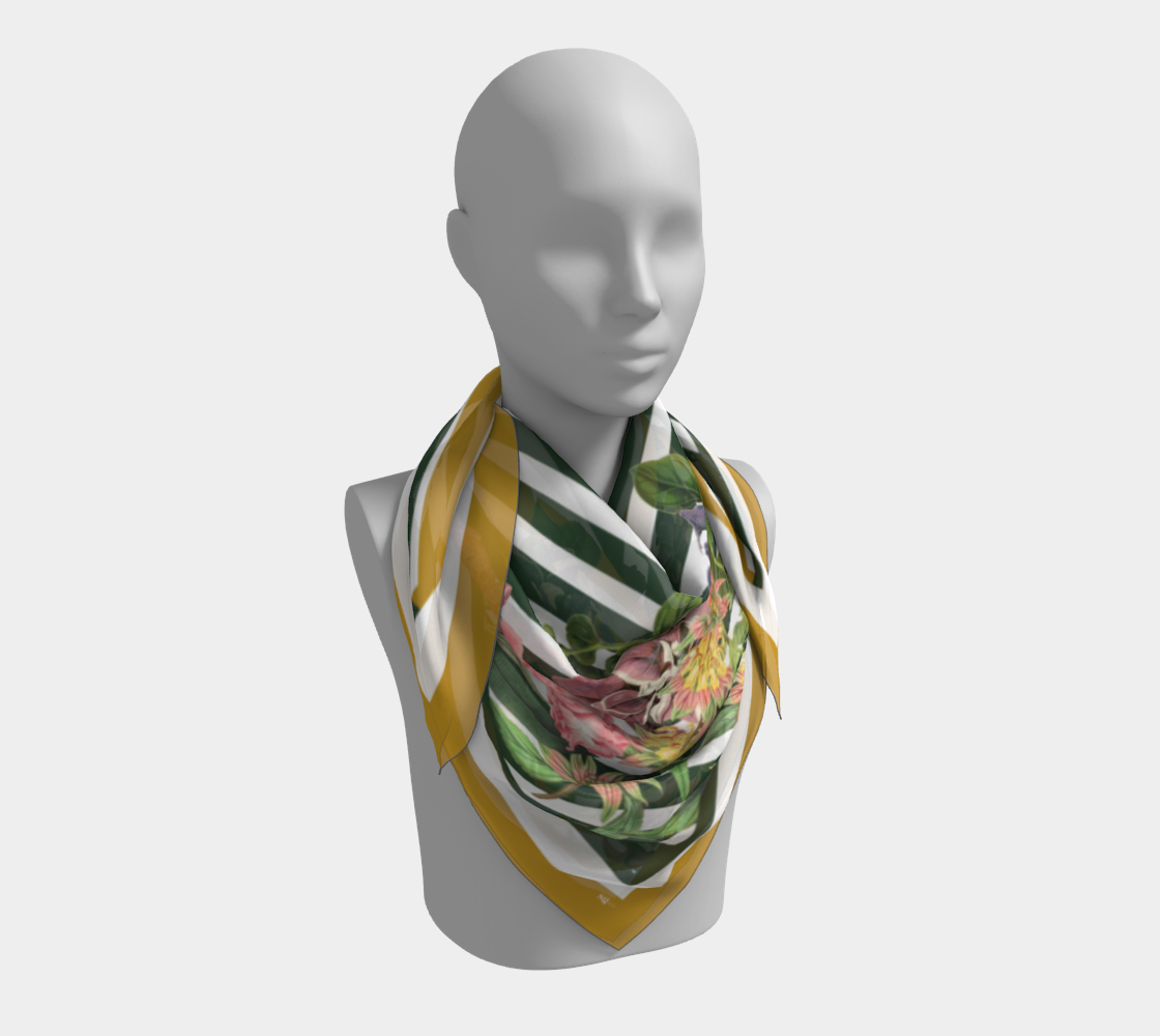 Yellow and Green stripes with colorful botanicals adorn this 100% silk charmeuse scarf.