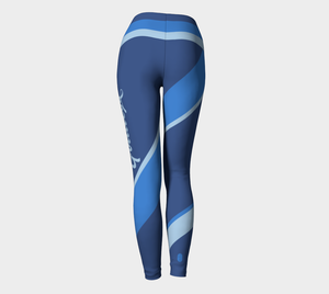 Our signature color block style in a beautiful blue color palette with the word "Goddess" down one leg, on these high-waisted compression leggings.