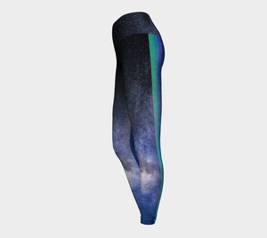 High waisted compression leggings with space imagery and sporty stripes