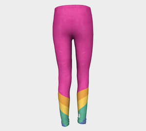 Rainbow color blocking against a bright pink backdrop on these big kid leggings