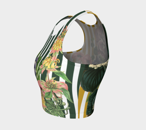This athletic top has green stripes on the front and yellow stripes on the back, overlayed with gorgeous florals.