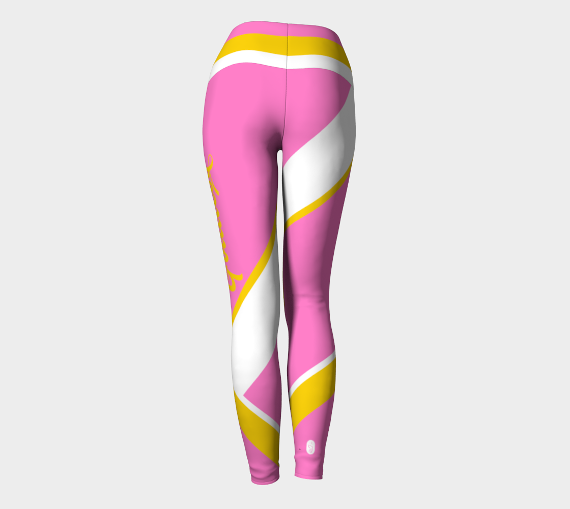 Our signature color block style in a happy pink, yellow and white with the word "Goddess" down one leg, on these high-waisted compression leggings.