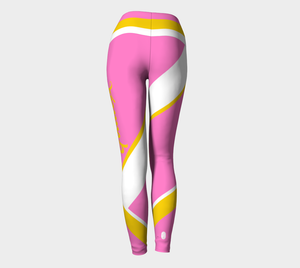 Our signature color block style in a happy pink, yellow and white with the word "Goddess" down one leg, on these high-waisted compression leggings.