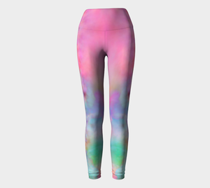 a playful pink candy inspired print adorn these high waisted compression leggings 