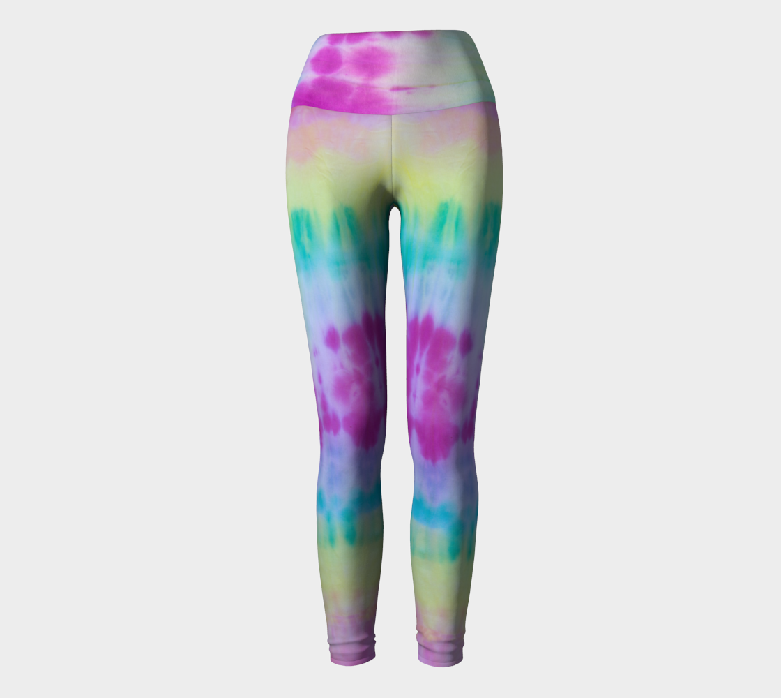 Slightly muted rainbow tie dye print on these compression leggings