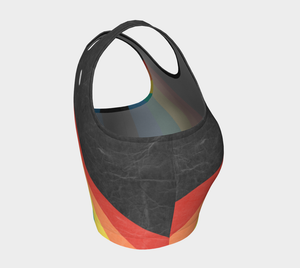 A color block style featuring a colorful rainbow on this athletic top.