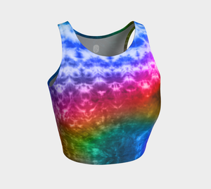 An electric rainbow tie dye print adorns this athletic top