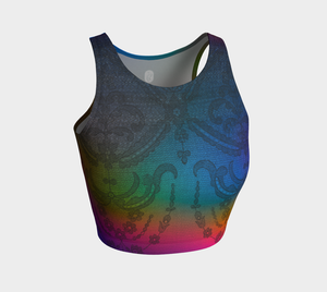 A vibrant rainbow hue mixes dreamily with fantastic lace patterns on this athletic top