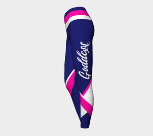 Our signature color block style in a navy & pink color palette with the word "Goddess" down one leg, on these high-waisted compression leggings.