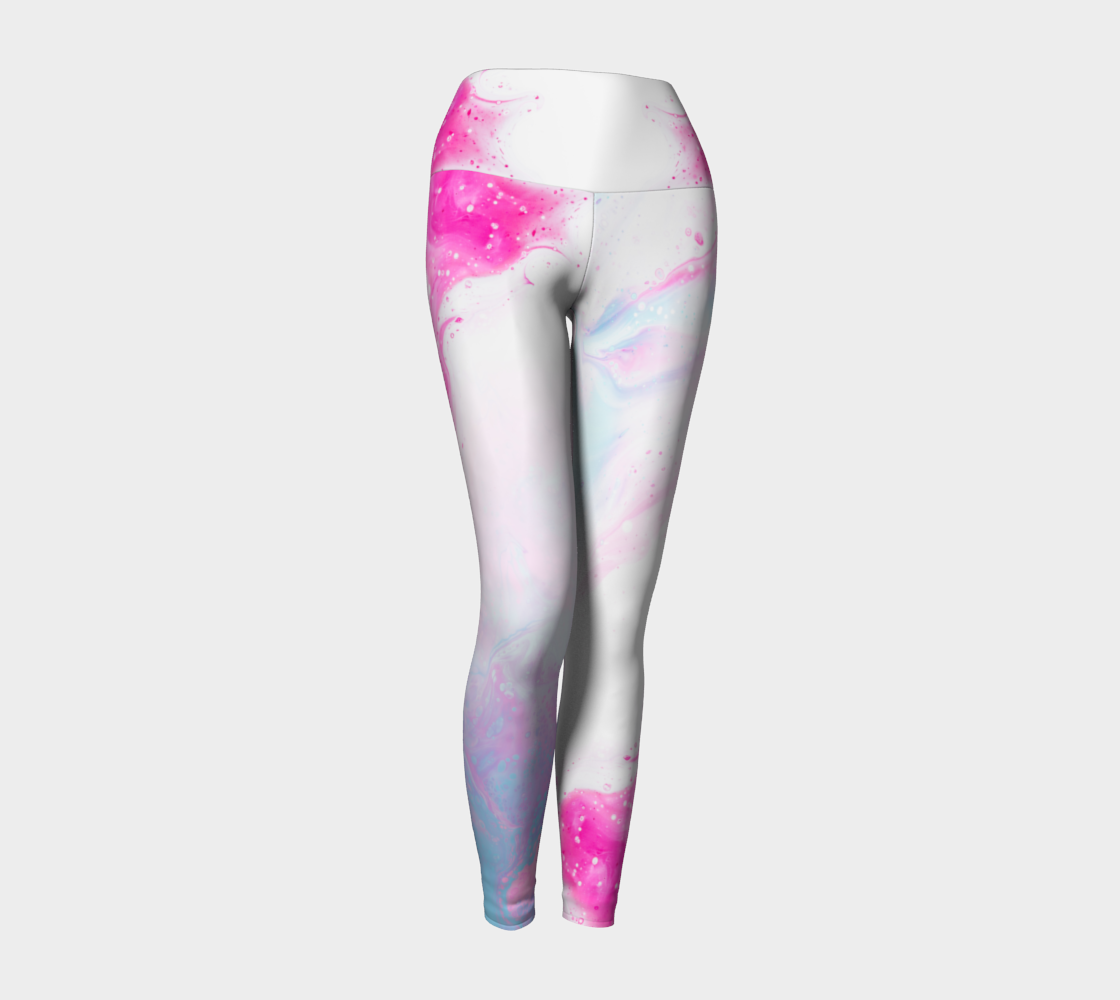 Ethereal pink and blue print against a white background on these compression leggings