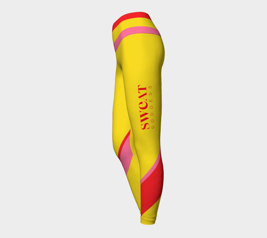 Compression leggings featuring our signature color palette of bold yellow, pink and red, adorned with "Sweat Goddess" along one leg.