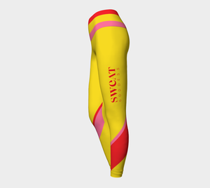 Compression leggings featuring our signature color palette of bold yellow, pink and red, adorned with "Sweat Goddess" along one leg.