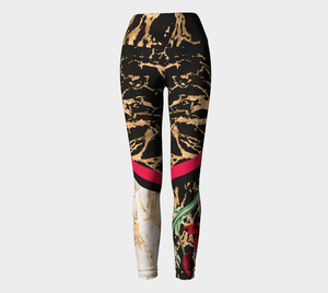 Red botanicals splash onto a gold splattered background on these compression leggings