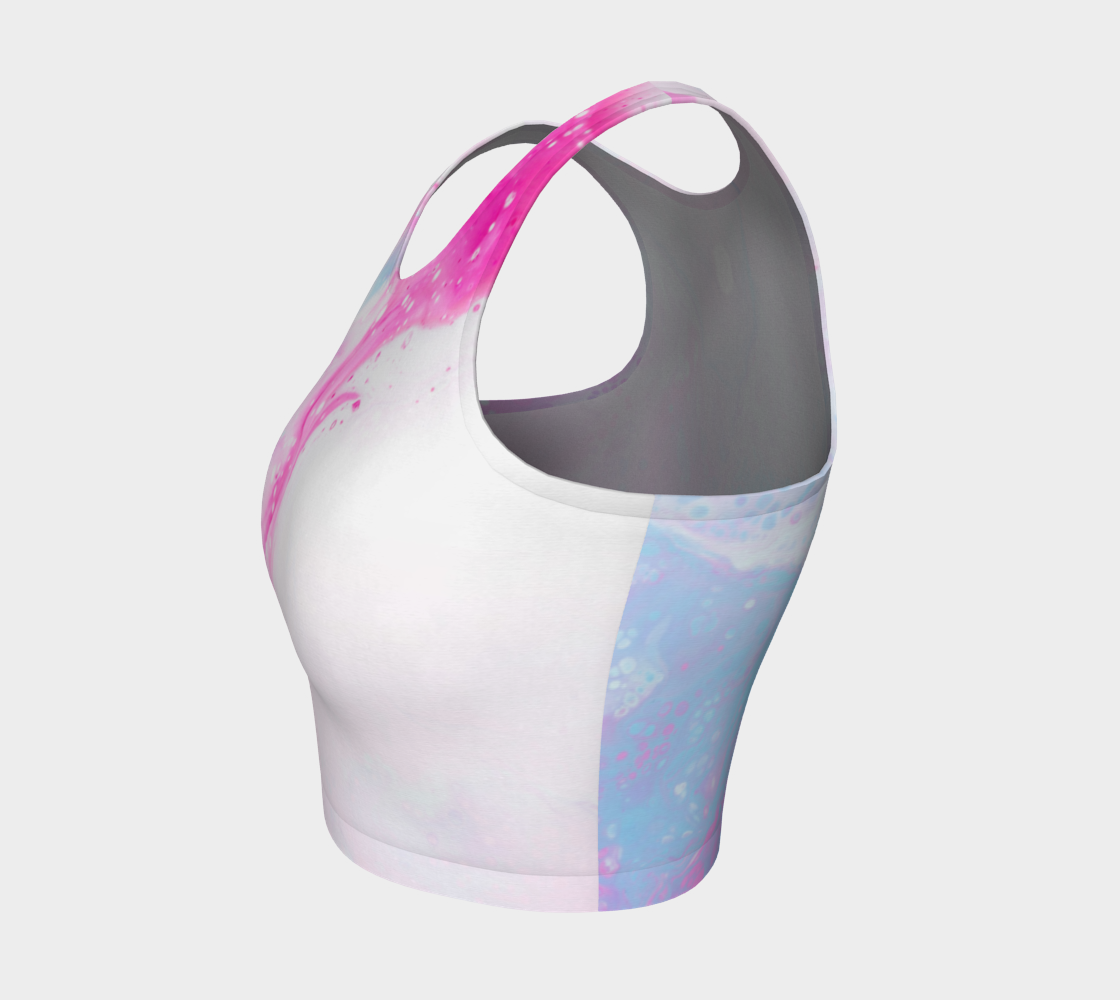 Ethereal pink and blue print against a white background on this athletic top
