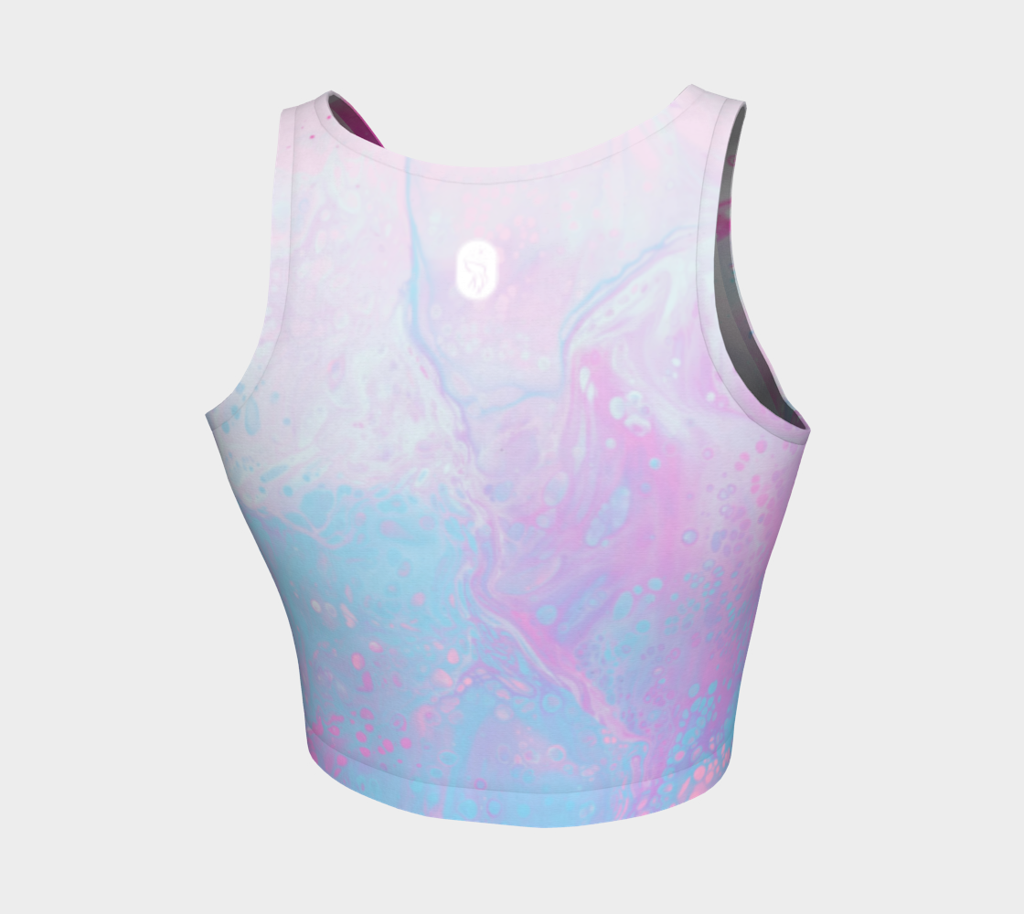 Ethereal pink and blue print against a white background on this athletic top