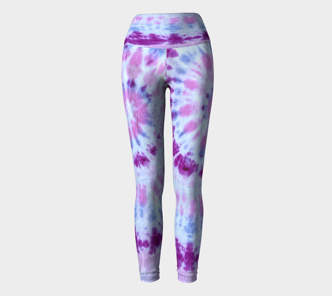 Beautiful starburst tie dye patterns in blues, pinks and purples on these compression leggings