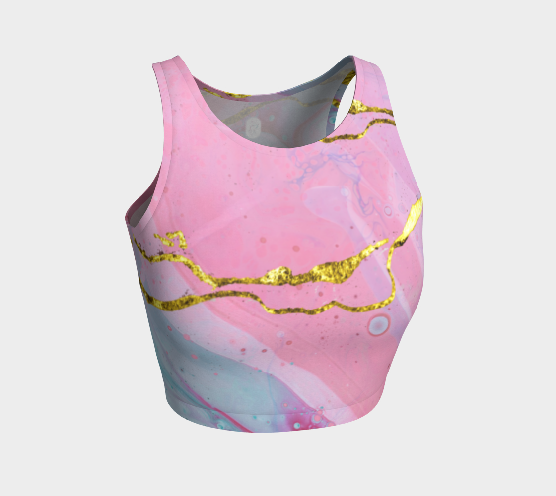 Ethereal prints mixed with pinks and pops of gold adorn this athletic top