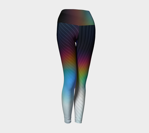 Geometrical patterns transform into rainbow colors, to create a stunning look on these compression leggings