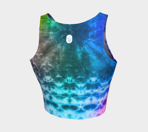 An electric rainbow tie dye print adorns this athletic top