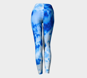 blue and white tie dye style compression leggings