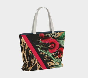 Oversized tote bag featuring black and gold red floral print. Perfect to tote your gym essentials, weekend trips, or just your daily use!