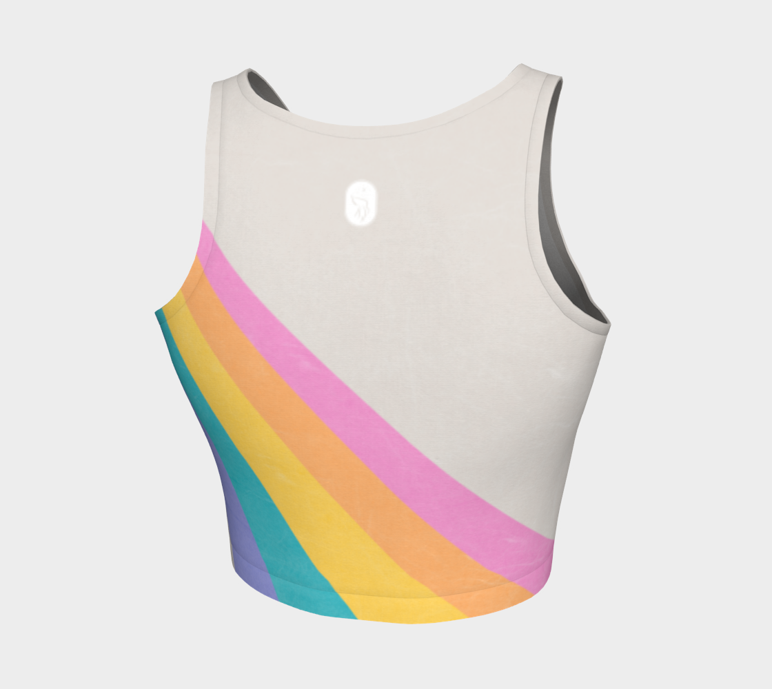 A color block style featuring a colorful rainbow adorn this athletic top