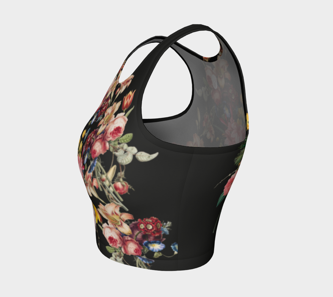 A deep black midnight acts as the background for brilliant beautiful florals on this athletic top