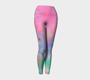 a playful pink candy inspired print adorn these high waisted compression leggings 