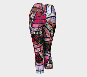An artistic blend of pink mosaic tiles and vintage botanicals on these capri length leggings
