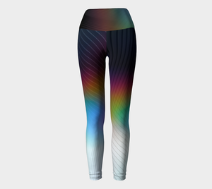 Geometrical patterns transform into rainbow colors, to create a stunning look on these compression leggings