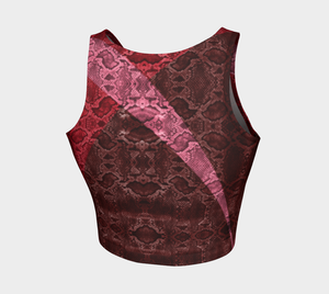 A red and pink snakeskin print adorn our classic athletic top.