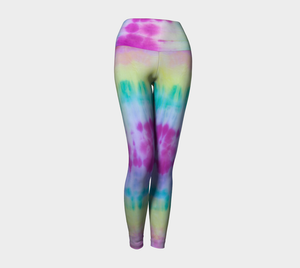 Slightly muted rainbow tie dye print on these compression leggings