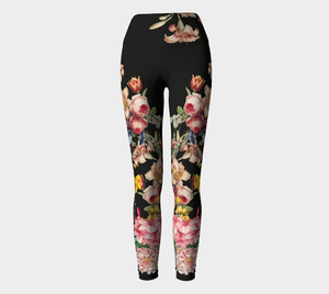 A deep black midnight acts as the background for brilliant beautiful florals on these compression leggings