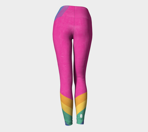 Rainbow color blocking against a bright pink backdrop on these compression leggings