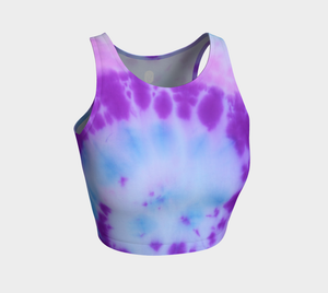 Beautiful starburst tie dye patterns in blues, pinks and purple on this athletic top