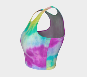 Slightly muted rainbow tie dye print on this athletic top