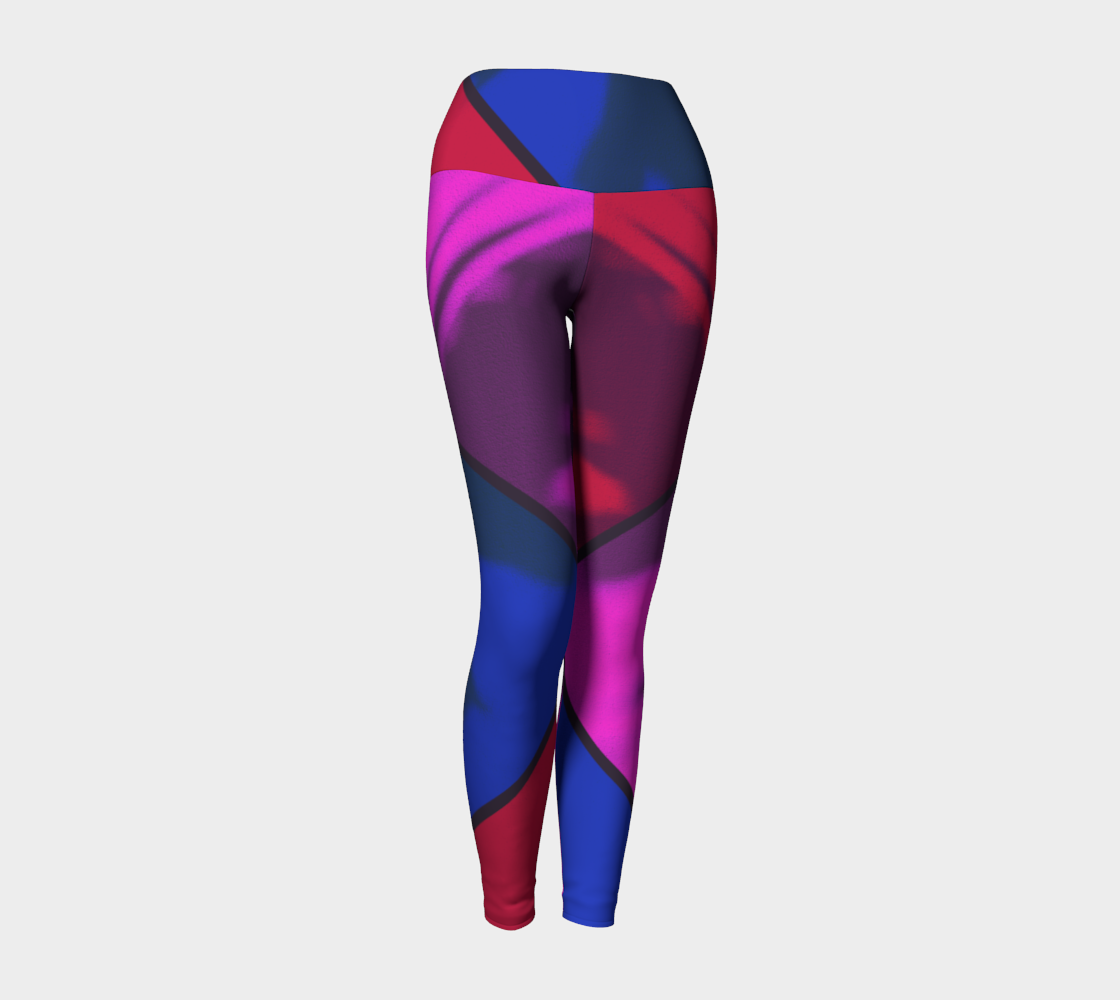 Vibrant shades of pink, red and blue adorn this fun print on these high-waisted compression leggings.