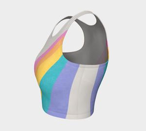 A color block style featuring a colorful rainbow adorn this athletic top