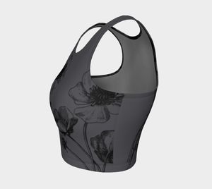Black florals sit atop a charcoal background on this athletic top.