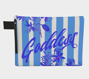 Luxe canvas pouch, fully lined with vegan leather details, featuring our blue stripes and florals print with the word "Goddess" on the front.