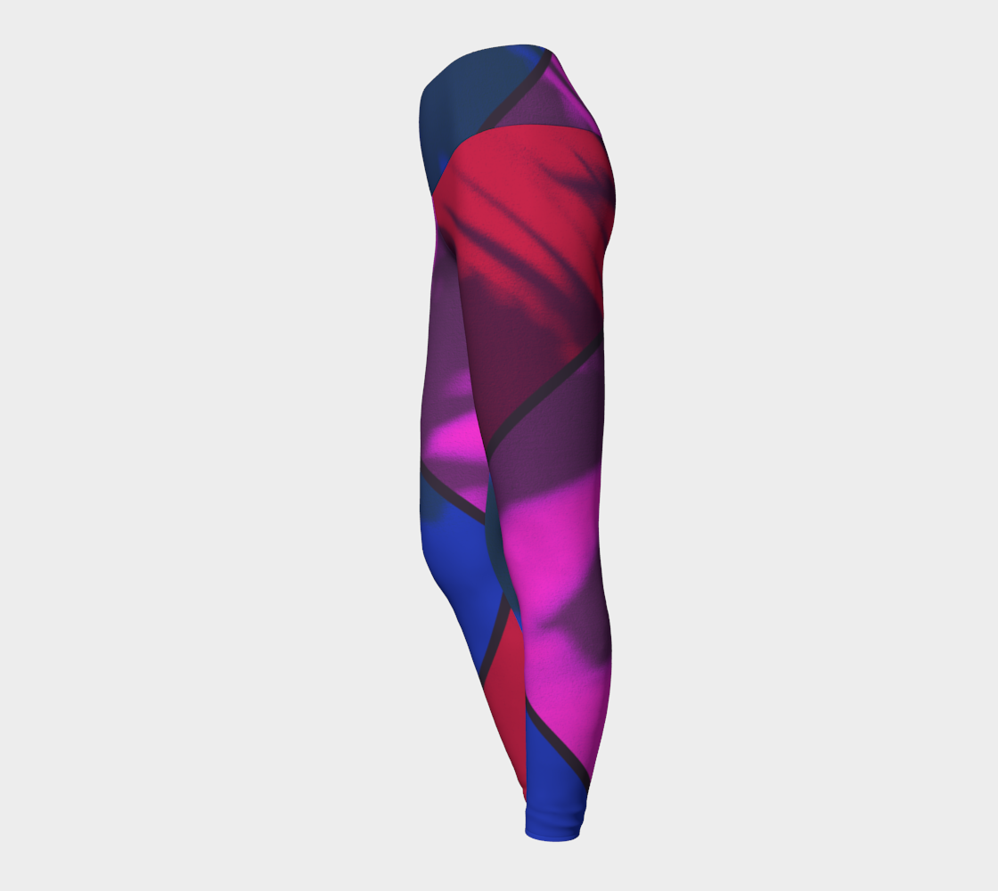 Vibrant shades of pink, red and blue adorn this fun print on these high-waisted compression leggings.