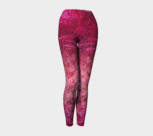 Red and pink textures adorn this candy sweet high waisted compression legging