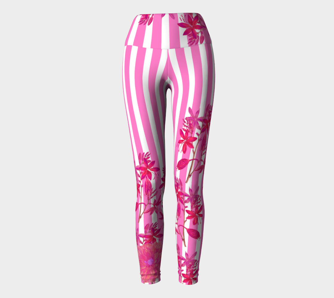 Featuring gorgeous pink stripes and florals adorn these high-waisted compression leggings.