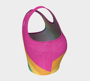 Rainbow color blocking against a bright pink backdrop adorn this athletic top