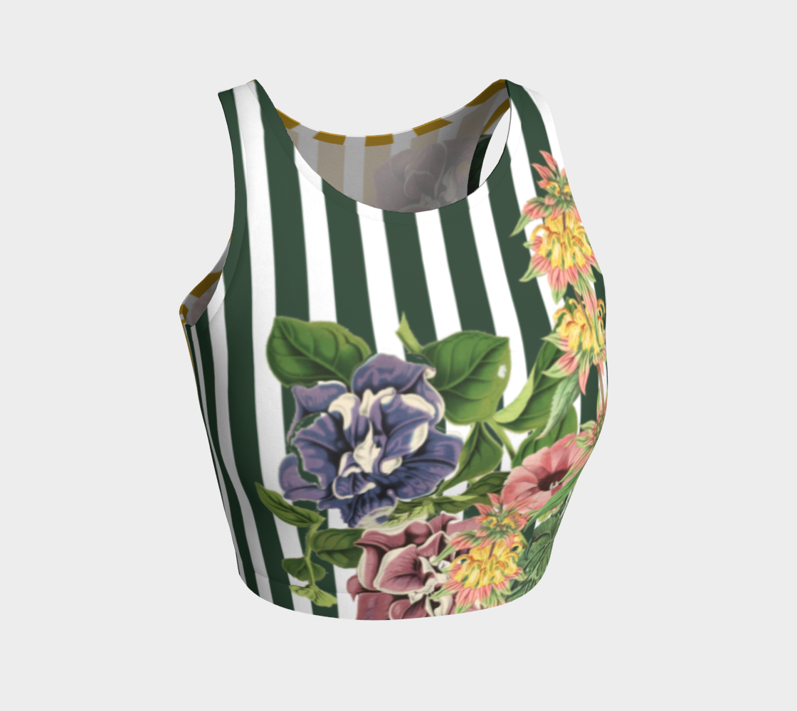 This athletic top has green stripes on the front and yellow stripes on the back, overlayed with gorgeous florals.