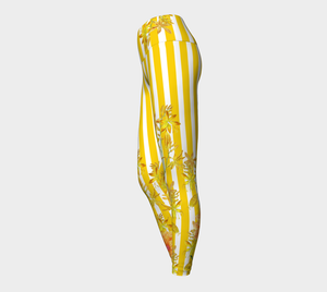 Featuring gorgeous yellow stripes and florals adorn these high-waisted compression leggings.