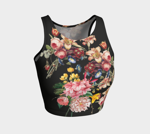 A deep black midnight acts as the background for brilliant beautiful florals on this athletic top