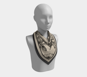 100% pure silk charmeuse luxury scarf featuring vintage botanicals against an ivory background.