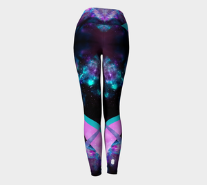 high wasted compression leggings featuring beautiful galaxy imagery and colorful stripes